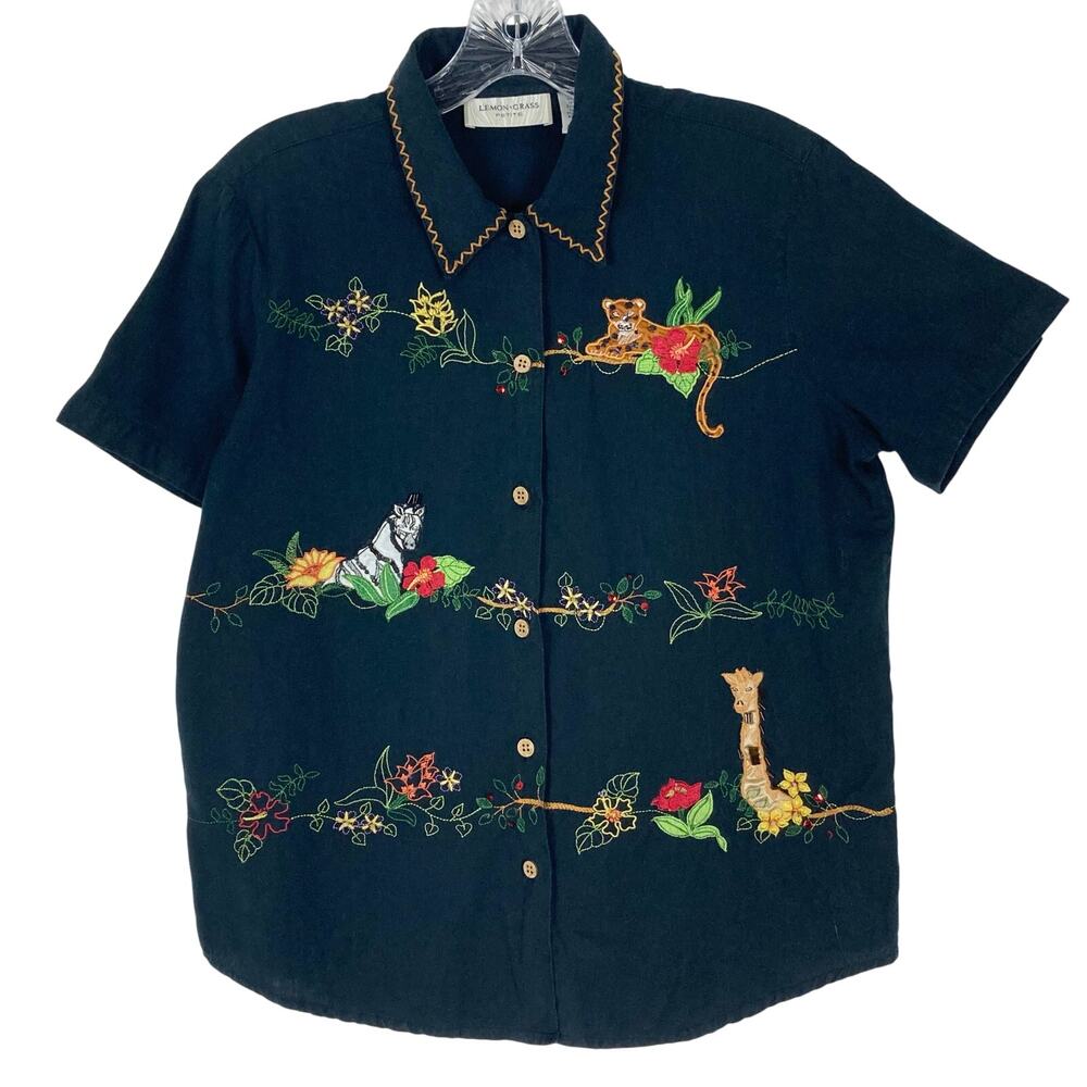 NWOT LEMON GRASS Top PM Linen Animal Embroidery Beaded Sequin Button Up